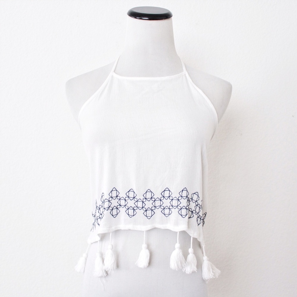 Native Youth White Embroidered Tassel Halter Top